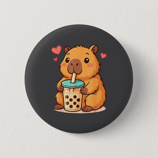 Chapa Redonda De 5 Cm Cute Capybara Kawaii Anime Drinking Bubble Tea Lov (Anverso)