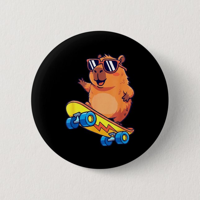 Chapa Redonda De 5 Cm Cute Capybara Skateboarding Chill Animal Lover Art (Anverso)