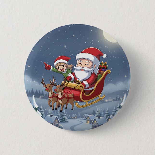 Chapa Redonda De 5 Cm Cute Christmas Chibi Santa and Elf button (Anverso)