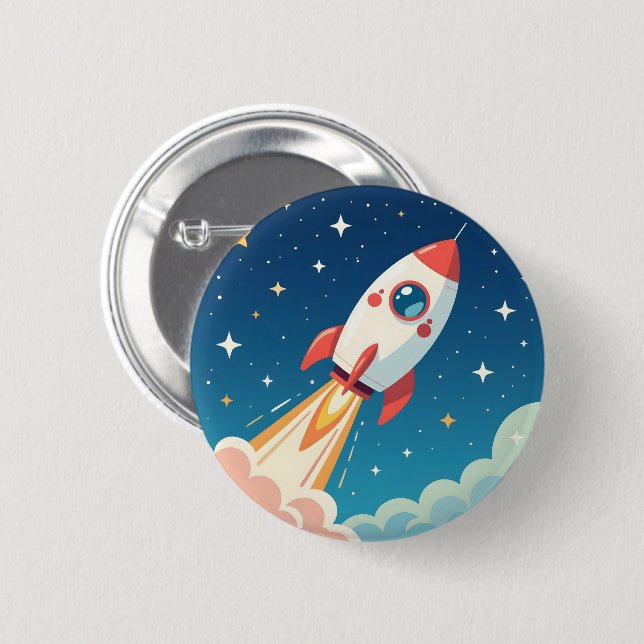 Chapa Redonda De 5 Cm Cute cohete espacial despegando (Anverso y reverso)