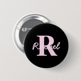 Chapa Redonda De 5 Cm Cute Customizable Monogram | Light Pink & Black