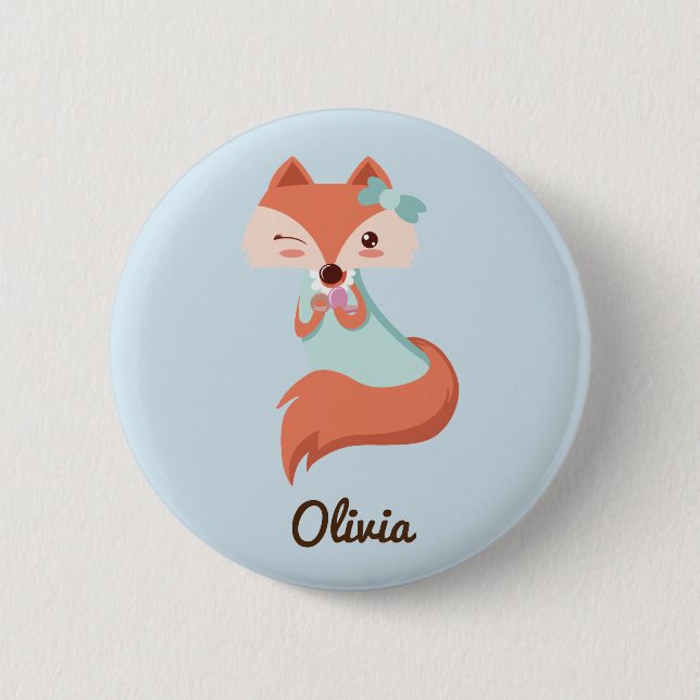 CHAPA REDONDA DE 5 CM CUTE FOX CON BOW AZUL AGREGAR TU NOMBRE (Anverso)