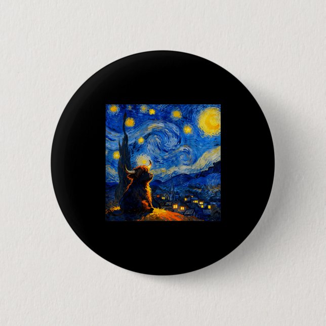 Chapa Redonda De 5 Cm Cute Highland Baby Cow Graphic Van Gogh Style Star (Anverso)