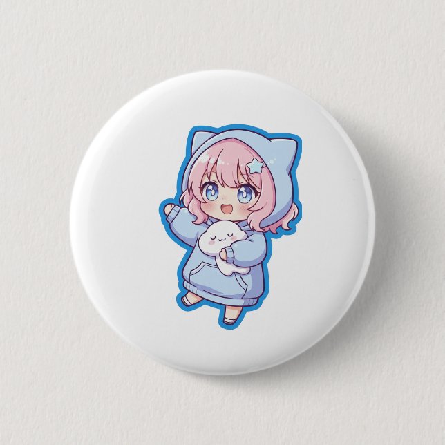 Chapa Redonda De 5 Cm Cute Kawaii Anime Girl Sticker (Anverso)
