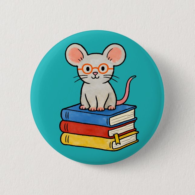 Chapa Redonda De 5 Cm Cute Mouse on Books Stack (Anverso)