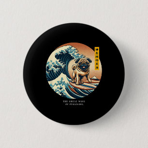 Chapa Redonda De 5 Cm Cute Pug Kanagawa Ola Surfing Japonés Kawaii Vin