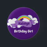 Chapa Redonda De 5 Cm Cute Purple Rainbow Birthday Girl Custom Name<br><div class="desc">Beautiful purple buttons for a kids birthday which features a cute cheerful rainbow with fun white clouds on a pretty violet background. Customize with your child's name or other text for the party.</div>