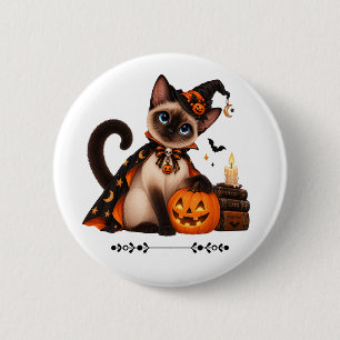 Chapa Redonda De 5 Cm Cute Siamese Cat Witch Halloween