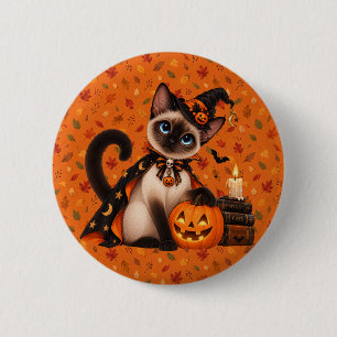 Chapa Redonda De 5 Cm Cute Siamese Cat Witch Halloween