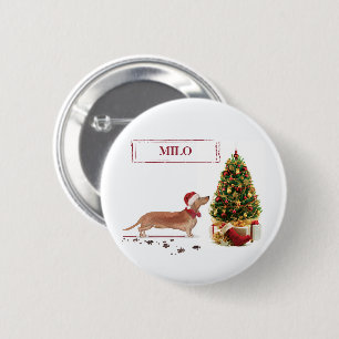 Chapa Redonda De 5 Cm Dachshund divertido de Navidad con árbol