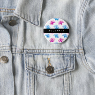 Chapa Redonda De 5 Cm Dalia rosa y azul, patrón floral, tu nombre
