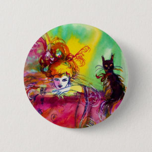Chapa Redonda De 5 Cm DAMA CON GATO NEGRO/Fiesta de Mascarada Mardi Gras