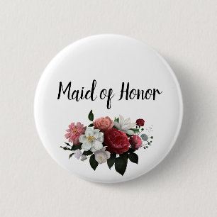 Chapa Redonda De 5 Cm Dama de Honor de Elegantes Flores Rosa y Burdeos