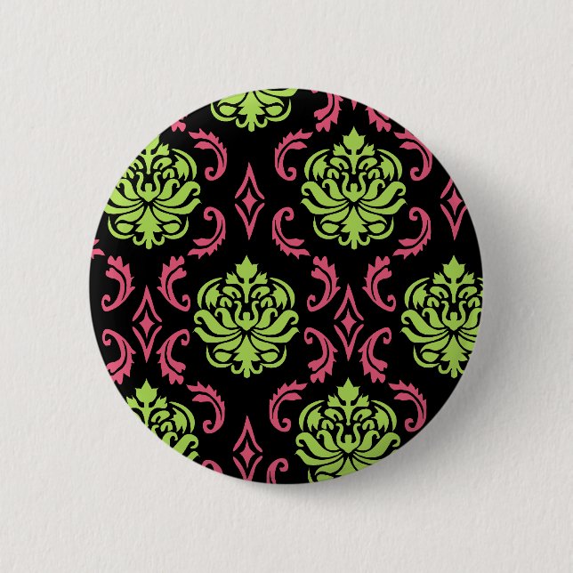 Chapa Redonda De 5 Cm Damasco verde y rosa caliente (Anverso)