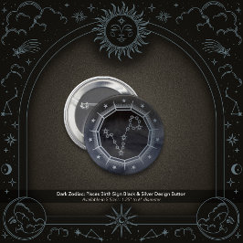 Chapa Redonda De 5 Cm Dark Zodiac: Pisces Birth Sign Black & Silver