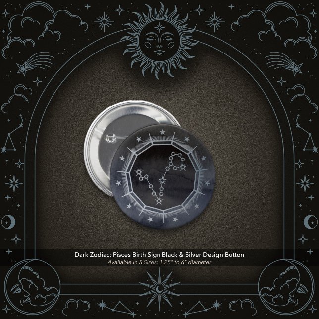 Chapa Redonda De 5 Cm Dark Zodiac: Pisces Birth Sign Black & Silver (Dark Zodiac: Pisces Birth Sign Pin with Black & Silver Design.
)