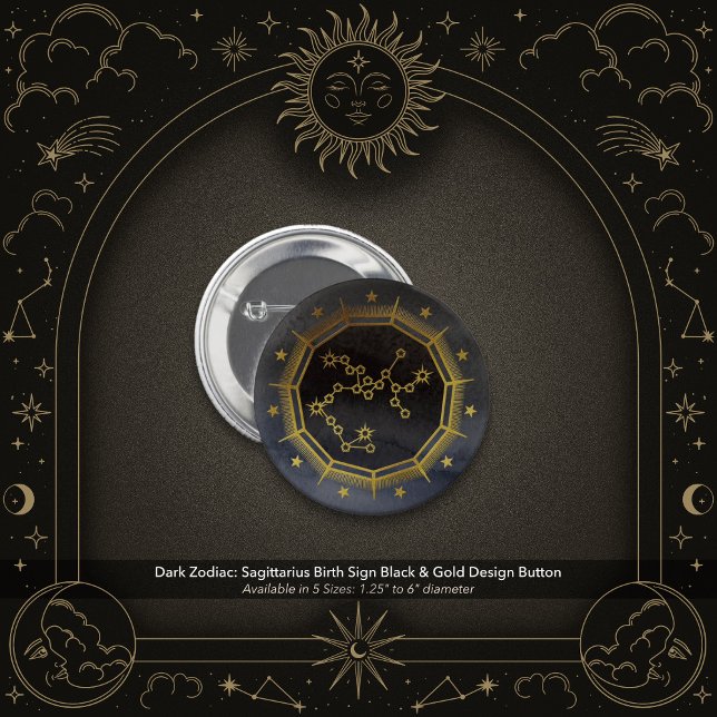 Chapa Redonda De 5 Cm Dark Zodiac: Sagittarius Birth Sign Black & Gold (Dark Zodiac: Sagittarius Birth Sign Black & Gold Button)