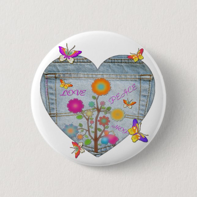 Chapa Redonda De 5 Cm Denim Pocket Heart Flowers Butterflies (Anverso)
