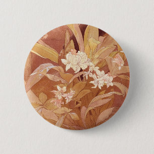 Chapa Redonda De 5 Cm Detalle floral de Alphonse Mucha Art Nouveau
