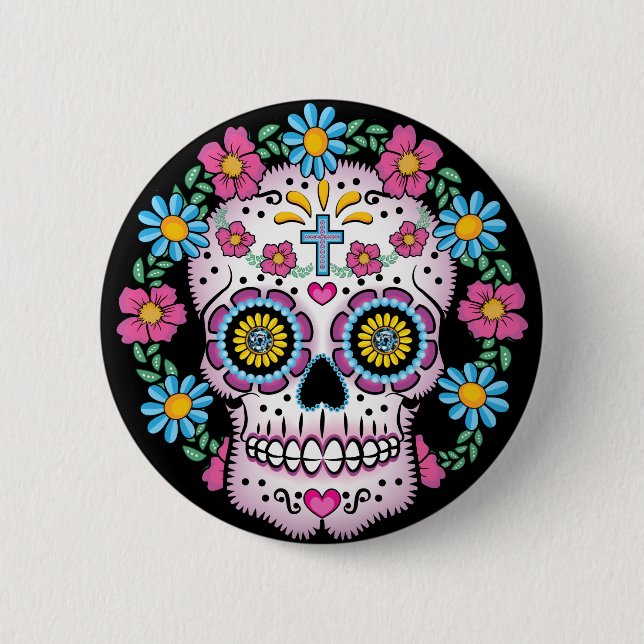 Chapa Redonda De 5 Cm Dia de los Muertos Skull (Anverso)