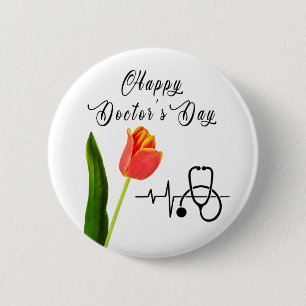 Chapa Redonda De 5 Cm Día del Médico Tulipán Naranja Elegante y Estetosc