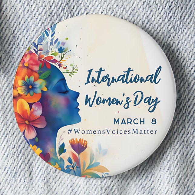 Chapa Redonda De 5 Cm Día Internacional de la Mujer (International Women's Day March 8 Watercolor pinback button. #WomensVoicesMatter)