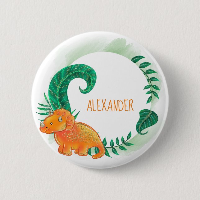 Chapa Redonda De 5 Cm Dinosaur Cute Bright | Naranja Triceratops (Anverso)