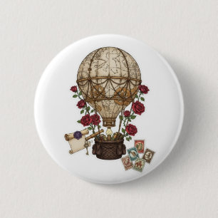 Chapa Redonda De 5 Cm Diseño de aventura en globo aerostático steampunk 