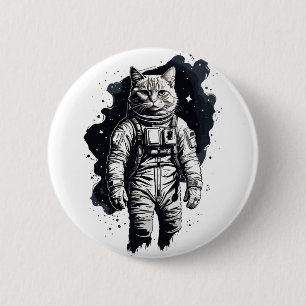 Chapa Redonda De 5 Cm Diseño de gato para astronautas de tinta negra