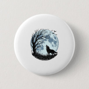 Chapa Redonda De 5 Cm Diseño de silueta de árbol de luna aullando lobo v