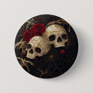 Chapa Redonda De 5 Cm Diseño del estilo de las cráneo y las rosas rojas