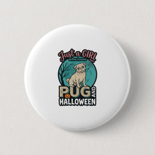 Chapa Redonda De 5 Cm Diseño vectorial vintage de niña pug Halloween_1