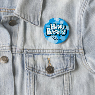 Chapa Redonda De 5 Cm Diy Text Feliz cumpleaños en Blue Bokeh