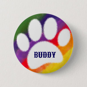 Chapa Redonda De 5 Cm Dog Pawprint Rainbow Watercolor Nombre personaliza