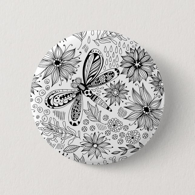 Chapa Redonda De 5 Cm Doodle de libélula y flores (Anverso)