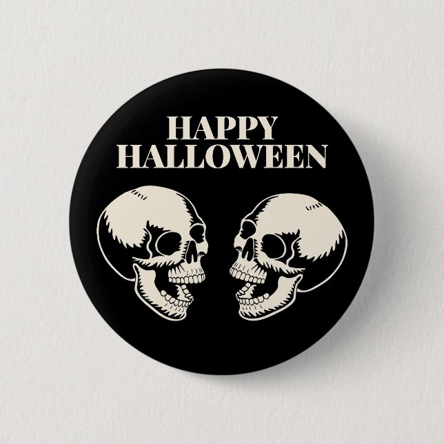 Chapa Redonda De 5 Cm Dos calaveras riendo Feliz Halloween (Anverso)