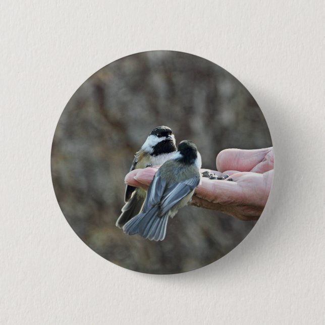 Chapa Redonda De 5 Cm Dos Chickadees en una mano (Anverso)