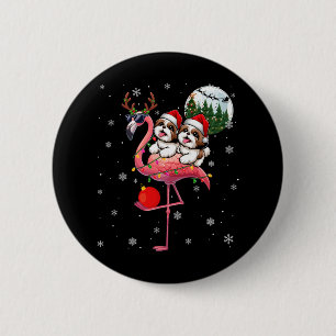 Chapa Redonda De 5 Cm Dos navidades Shih Tzus montando reno flamenco