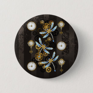 Chapa Redonda De 5 Cm Dragoniscos de Steampunk sobre fondo rayado marrón