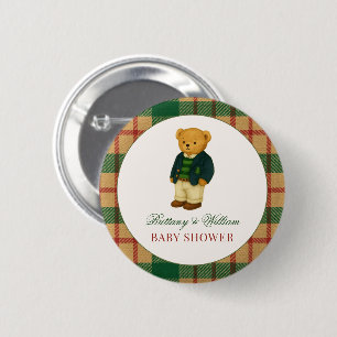 Chapa Redonda De 5 Cm Ducha de bebé de oso preppy de cuadros de Navidad