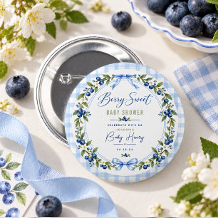 Chapa Redonda De 5 Cm Dulce de frutos baby shower Gingham azul Arándan