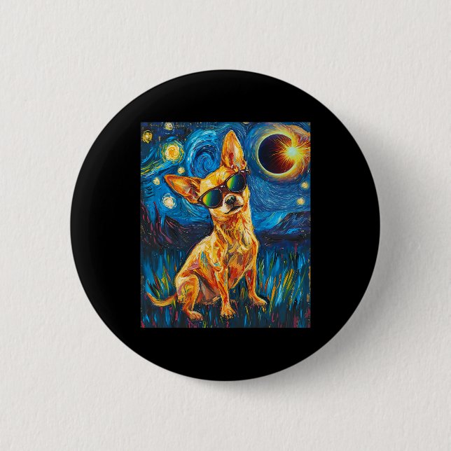 Chapa Redonda De 5 Cm Eclipse solar total perro chihuahua (Anverso)