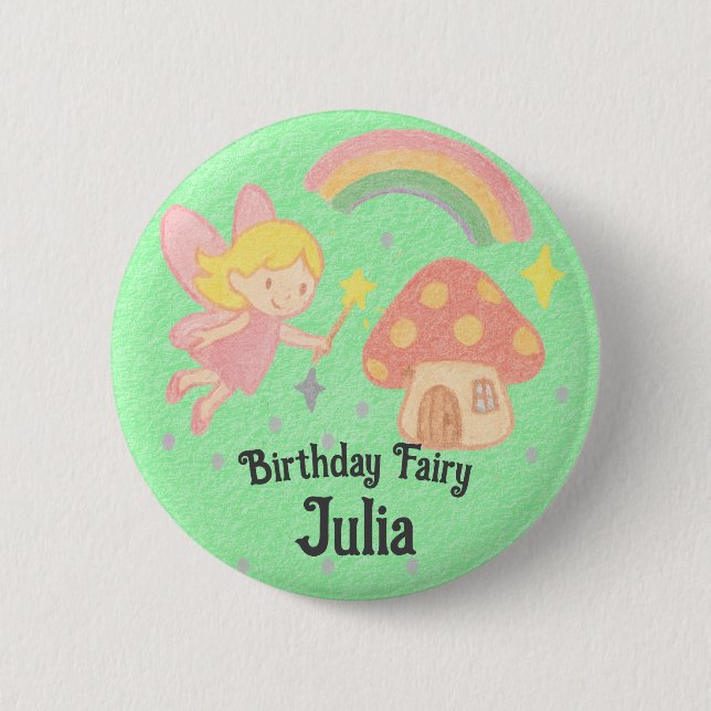 Chapa Redonda De 5 Cm Editable Crayon Style – Fairy Mushroom Birthday (Anverso)