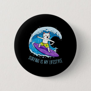 Chapa Redonda De 5 Cm El gato está surfeando una ola - El surf es mi est