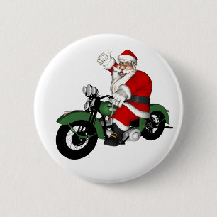 Chapa Redonda De 5 Cm El gracioso Papá Noel En La Moto Verde Vintage
