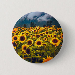 Chapa Redonda De 5 Cm El paisaje del campo del girasol florece en amaril