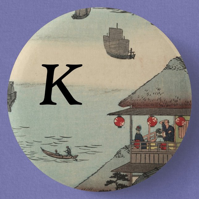 Chapa Redonda De 5 Cm El puerto de Kanagawa, Japón: Monograma (The Harbor at Kanagawa, Japan, Monogrammed Button Pin- Detail View)