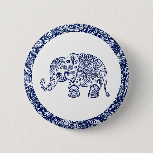 Chapa Redonda De 5 Cm Elefante Navy Blue Paisley (Anverso)