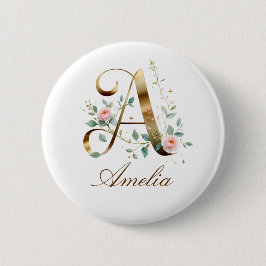Chapa Redonda De 5 Cm Elegant Gold Floral Letter A Wedding Button