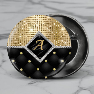 Chapa Redonda De 5 Cm Elegante cristal falso monograma de diamante negro